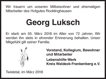 Traueranzeige von Georg Luksch von Waldeckische Landeszeitung