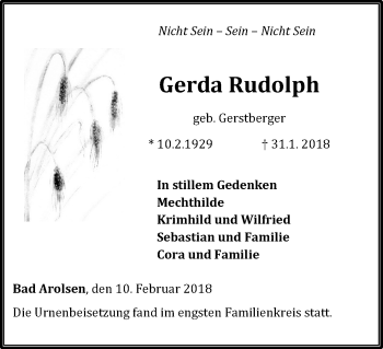 Traueranzeige von Gerda Rudolph von Waldeckische Landeszeitung