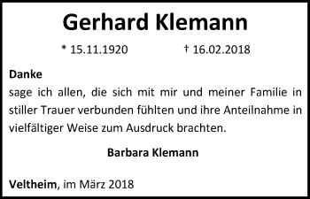 Traueranzeige von Gerhard Klemann von Waldeckische Landeszeitung