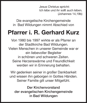 Traueranzeige von Gerhard Kurz von Waldeckische Landeszeitung