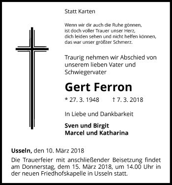 Traueranzeige von Gert Ferron von Waldeckische Landeszeitung