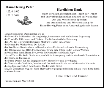 Traueranzeige von Hans-Herwig Peter von Waldeckische Landeszeitung