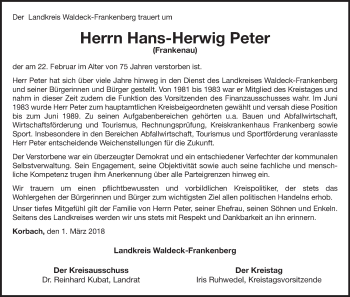 Traueranzeige von Hans-Herwig Peter von Waldeckische Landeszeitung