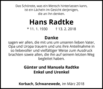 Traueranzeige von Hans Radtke von Waldeckische Landeszeitung