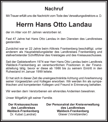 Traueranzeige von Hans Otto Landau von Waldeckische Landeszeitung