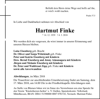 Traueranzeige von Hartmut Finke von Waldeckische Landeszeitung