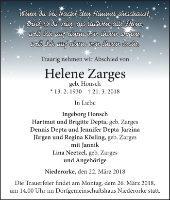 Traueranzeige von Helene Zarges von Waldeckische Landeszeitung