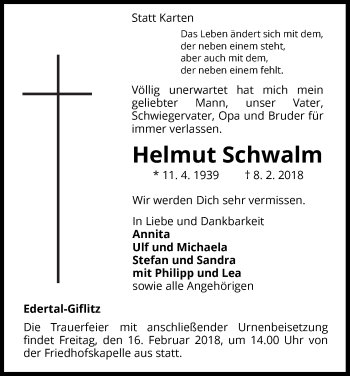 Traueranzeige von Helmut Schwalm von Waldeckische Landeszeitung