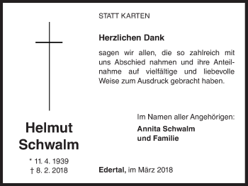Traueranzeige von Helmut Schwalm von Waldeckische Landeszeitung