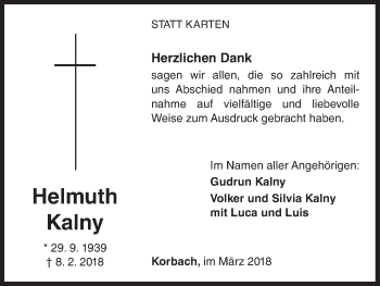 Traueranzeige von Helmuth Kalny von Waldeckische Landeszeitung
