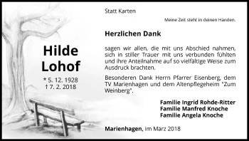 Traueranzeige von Hilde Lohof von Waldeckische Landeszeitung