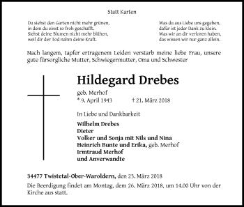 Traueranzeige von Hildegard Drebes von Waldeckische Landeszeitung