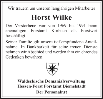 Traueranzeige von Horst Wilke von Waldeckische Landeszeitung