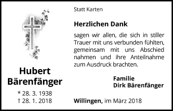 Traueranzeige von Hubert Bärenfänger von Waldeckische Landeszeitung