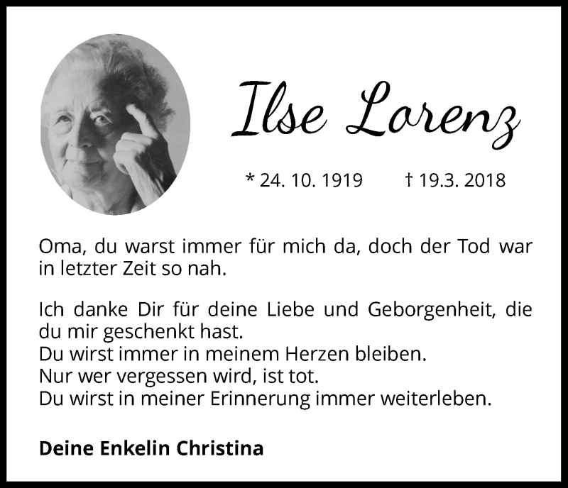  Traueranzeige für Ilse Lorenz vom 28.03.2018 aus Waldeckische Landeszeitung