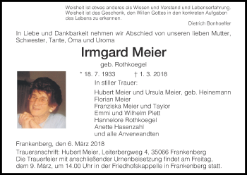 Traueranzeige von Irmgard Meier von Waldeckische Landeszeitung