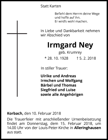 Traueranzeige von Irmgard Ney von Waldeckische Landeszeitung