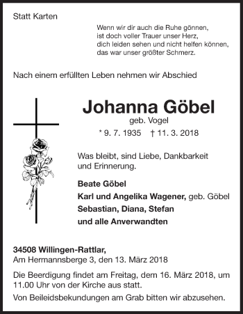 Traueranzeige von Johanna Göbel von Waldeckische Landeszeitung