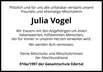 Traueranzeige von Julia Vogel von Waldeckische Landeszeitung