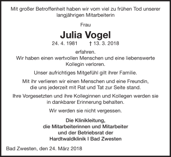 Traueranzeige von Julia Vogel von Waldeckische Landeszeitung