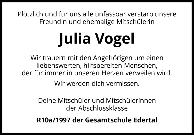  Traueranzeige für Julia Vogel vom 24.03.2018 aus Waldeckische Landeszeitung