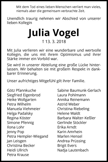 Traueranzeige von Julia Vogel von Waldeckische Landeszeitung