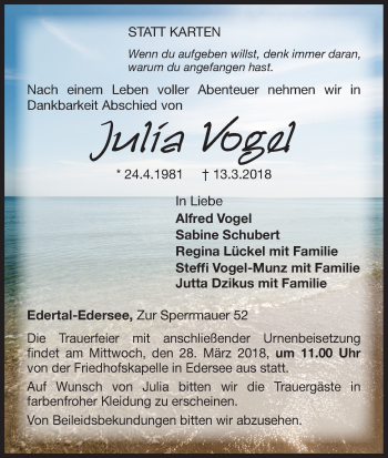 Traueranzeige von Julia Vogel von Waldeckische Landeszeitung