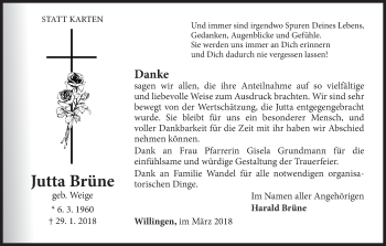 Traueranzeige von Jutta Brüne von Waldeckische Landeszeitung
