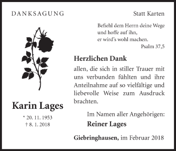 Traueranzeige von Karin Lages von Waldeckische Landeszeitung