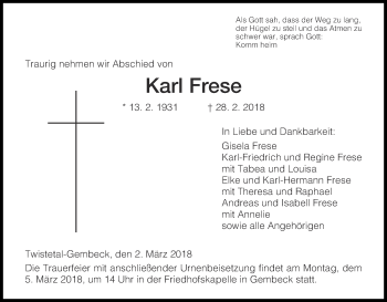 Traueranzeige von Karl Frese von Waldeckische Landeszeitung