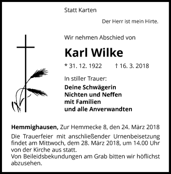 Traueranzeige von Karl Wilke von Waldeckische Landeszeitung