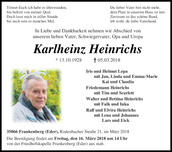 Traueranzeige von Karlheinz Heinrichs von Waldeckische Landeszeitung