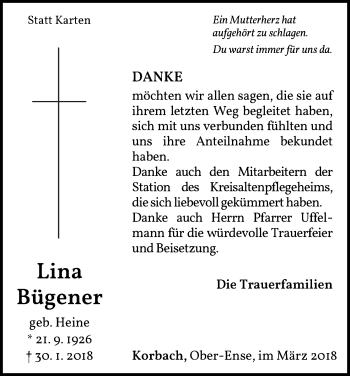 Traueranzeige von Lina Bügener von Waldeckische Landeszeitung