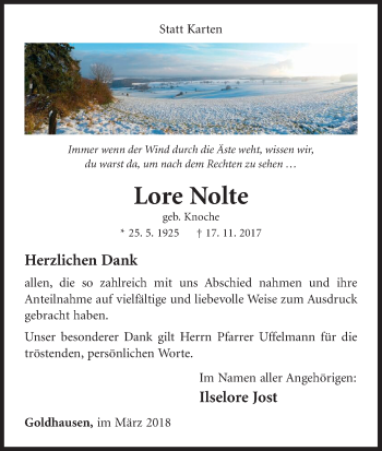 Traueranzeige von Lore Nolte von Waldeckische Landeszeitung