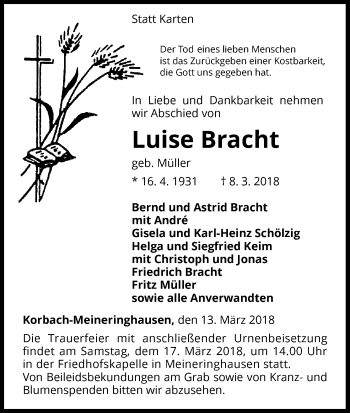 Traueranzeige von Luise Bracht von Waldeckische Landeszeitung