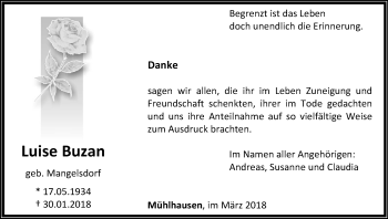 Traueranzeige von Luise Buzan von Waldeckische Landeszeitung