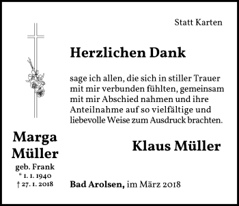 Traueranzeige von Marga Müller von Waldeckische Landeszeitung