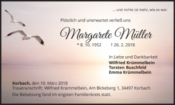 Traueranzeige von Margarete Müller von Waldeckische Landeszeitung