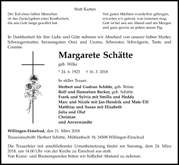 Traueranzeige von Margarete Schätte von Waldeckische Landeszeitung