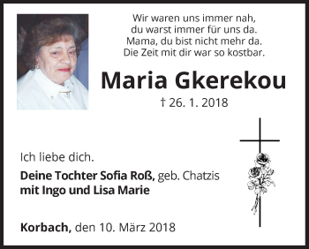 Traueranzeige von Maria Gkerekou von Waldeckische Landeszeitung