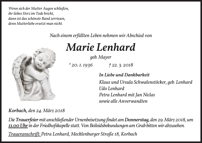  Traueranzeige für Marie Lenhard vom 24.03.2018 aus Waldeckische Landeszeitung