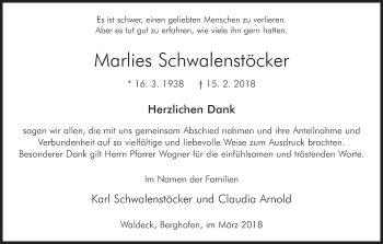 Traueranzeige von Marlies Schwalenstöcker von Waldeckische Landeszeitung