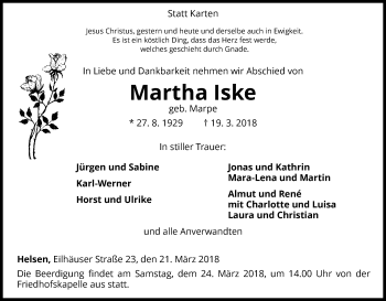 Traueranzeige von Martha Iske von Waldeckische Landeszeitung