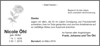 Traueranzeige von Nicole Öhl von Waldeckische Landeszeitung