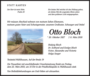 Traueranzeige von Otto Bloch von Waldeckische Landeszeitung