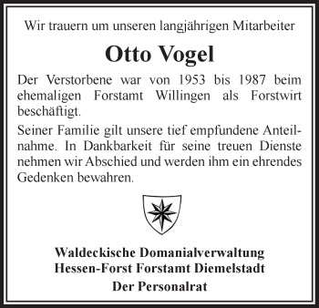 Traueranzeige von Otto Vogel von Waldeckische Landeszeitung
