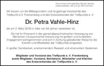 Traueranzeige von Petra Vahle-Hinz von Waldeckische Landeszeitung