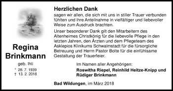 Traueranzeige von Regina Brinkmann von Waldeckische Landeszeitung