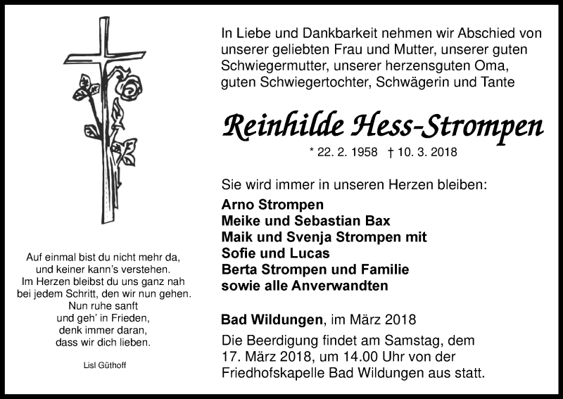  Traueranzeige für Reinhilde Hess-Strompen vom 14.03.2018 aus Waldeckische Landeszeitung
