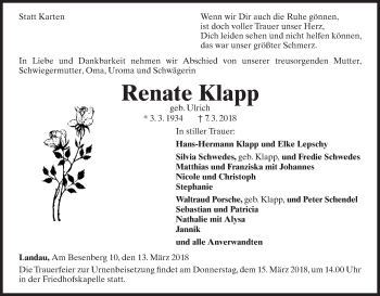 Traueranzeige von Renate Klapp von Waldeckische Landeszeitung